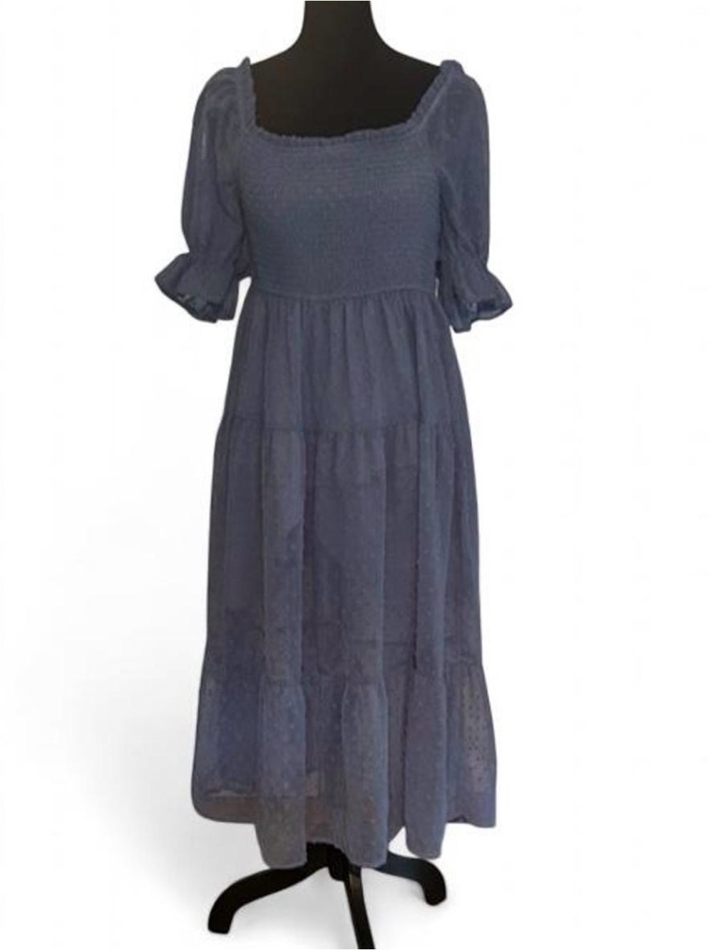 MEROKEETY Blue Solid Square Neck Smocked Belted Puff Sleeve Midi Dress S